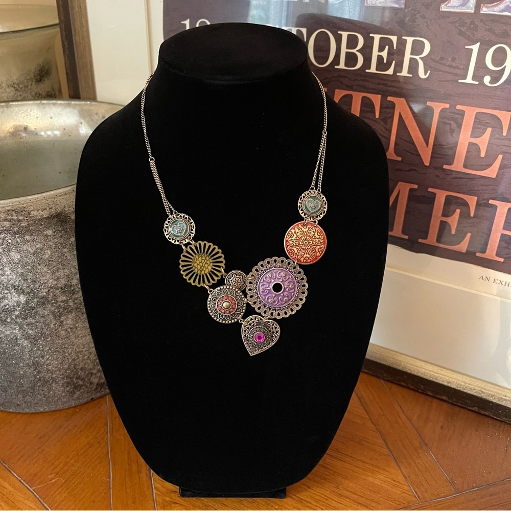 Festival Statement Necklace Boho Medallion Multi-Colored Charm Layered Summer